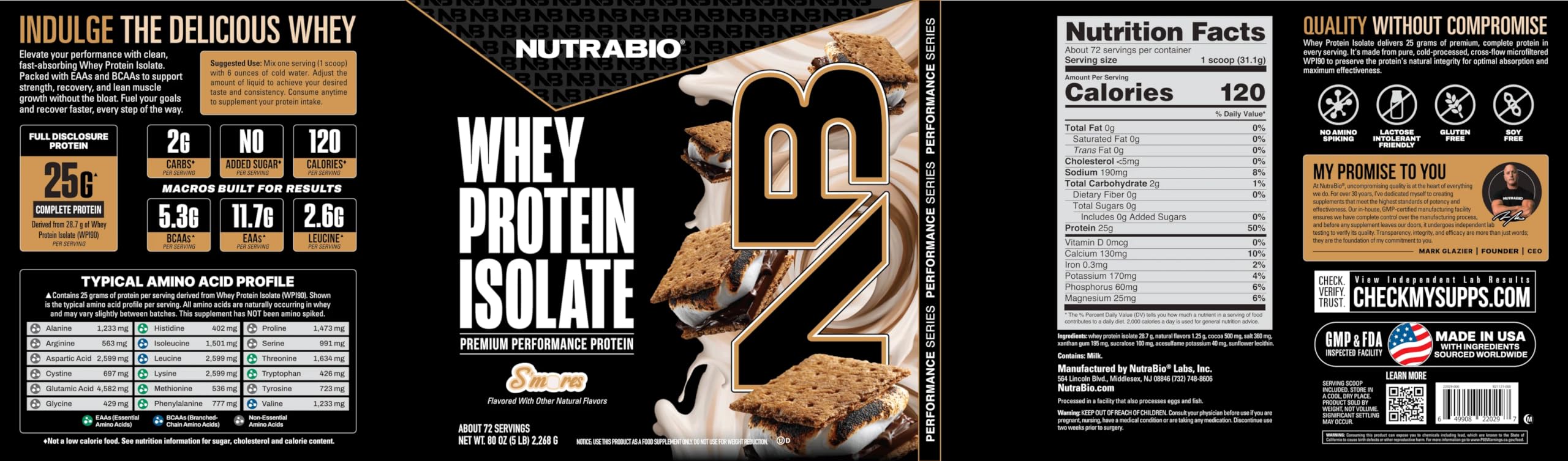 NutraBio S'Mores tub close-up highlighting gluten-free and non-GMO claims