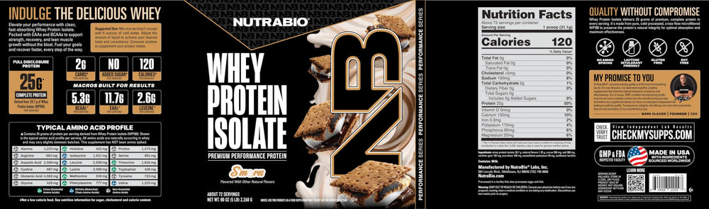 NutraBio S'Mores tub close-up highlighting gluten-free and non-GMO claims