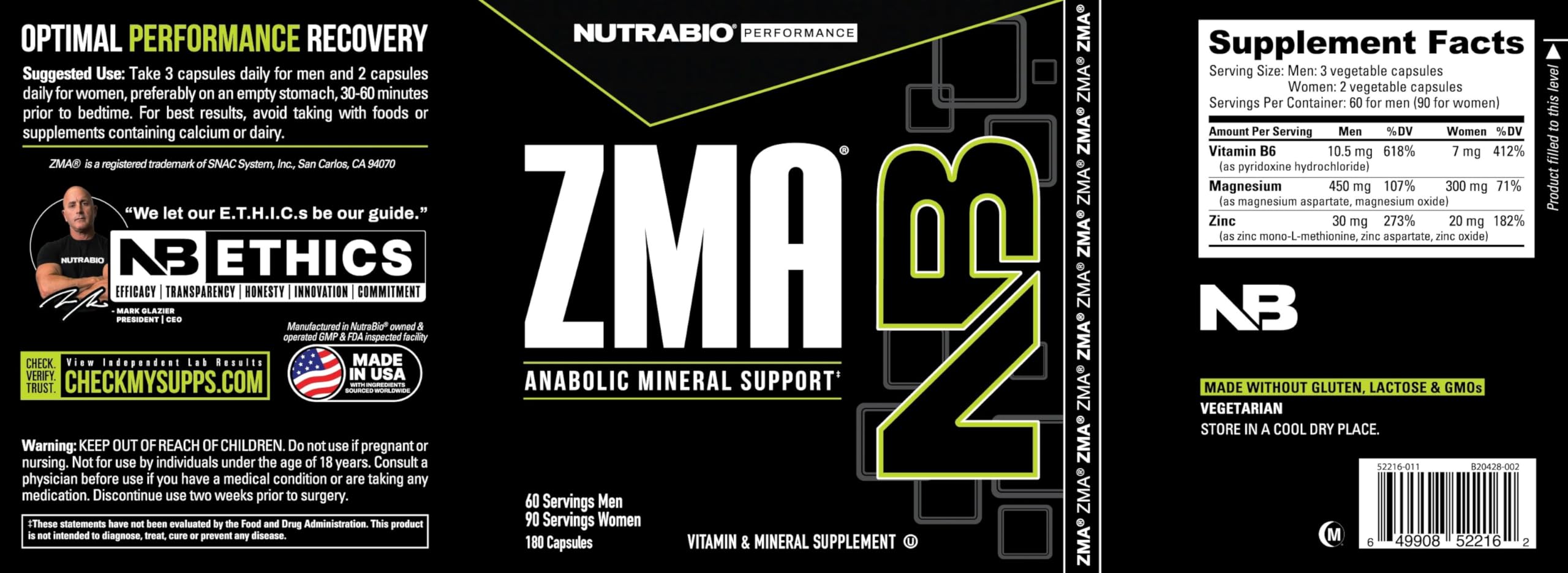 NutraBio ZMA lab-tested seal signals purity and potency