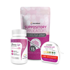 NutraBlast boric acid suppositories 600mg in a 30-count bottle for balance.