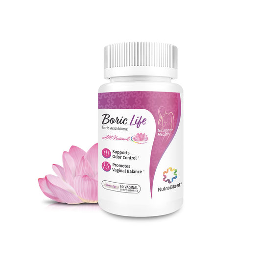 NutraBlast boric acid suppositories bottle and box, supporting daily intimate balance