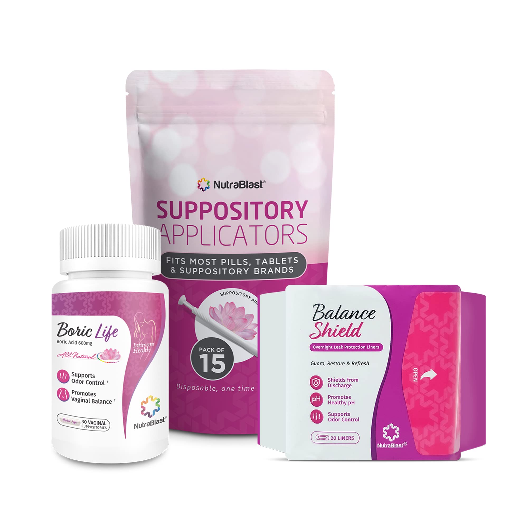 NutraBlast boric acid suppositories packaging for nightly use.