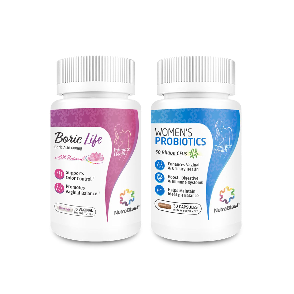 NutraBlast boric acid suppositories bundle for daily intimate balance and odor control.