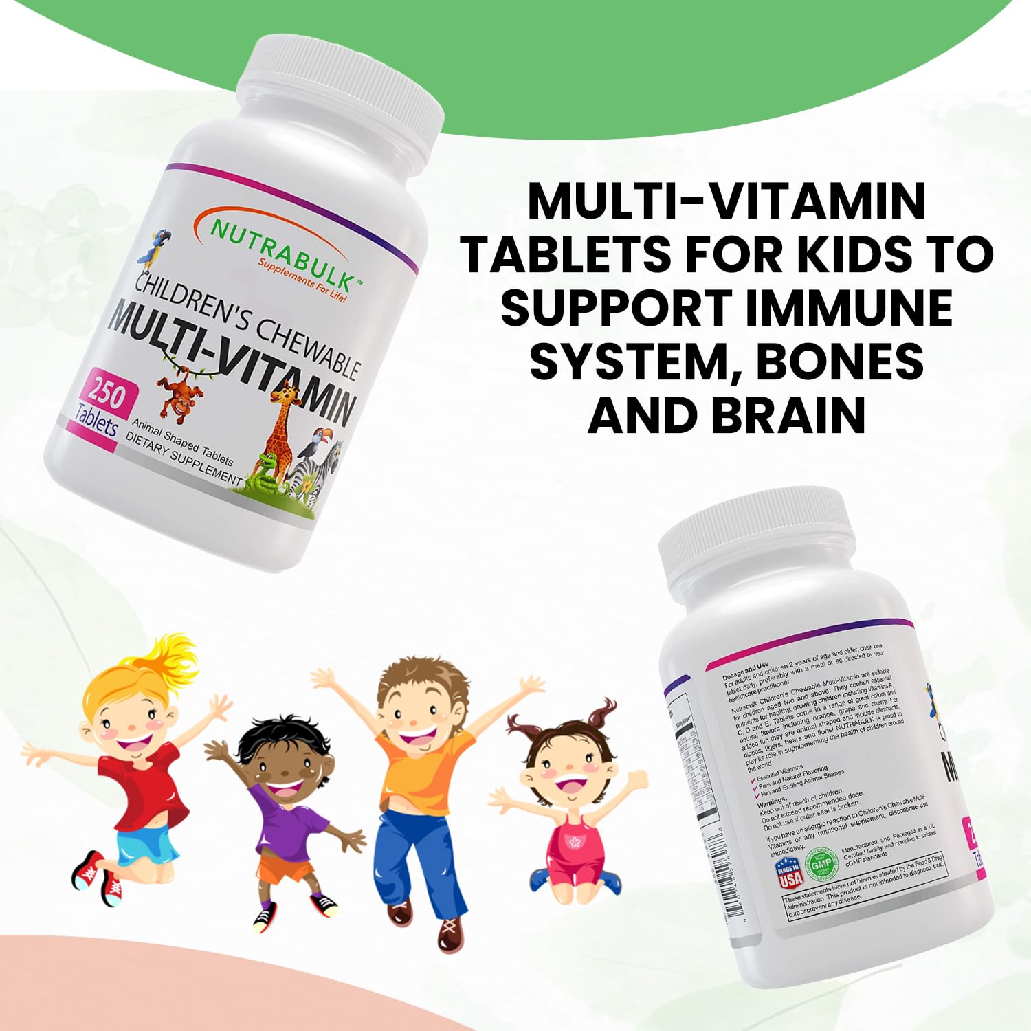 NutraBulk Kids chewable multivitamin hippo bottle highlights tasty flavors for busy mornings