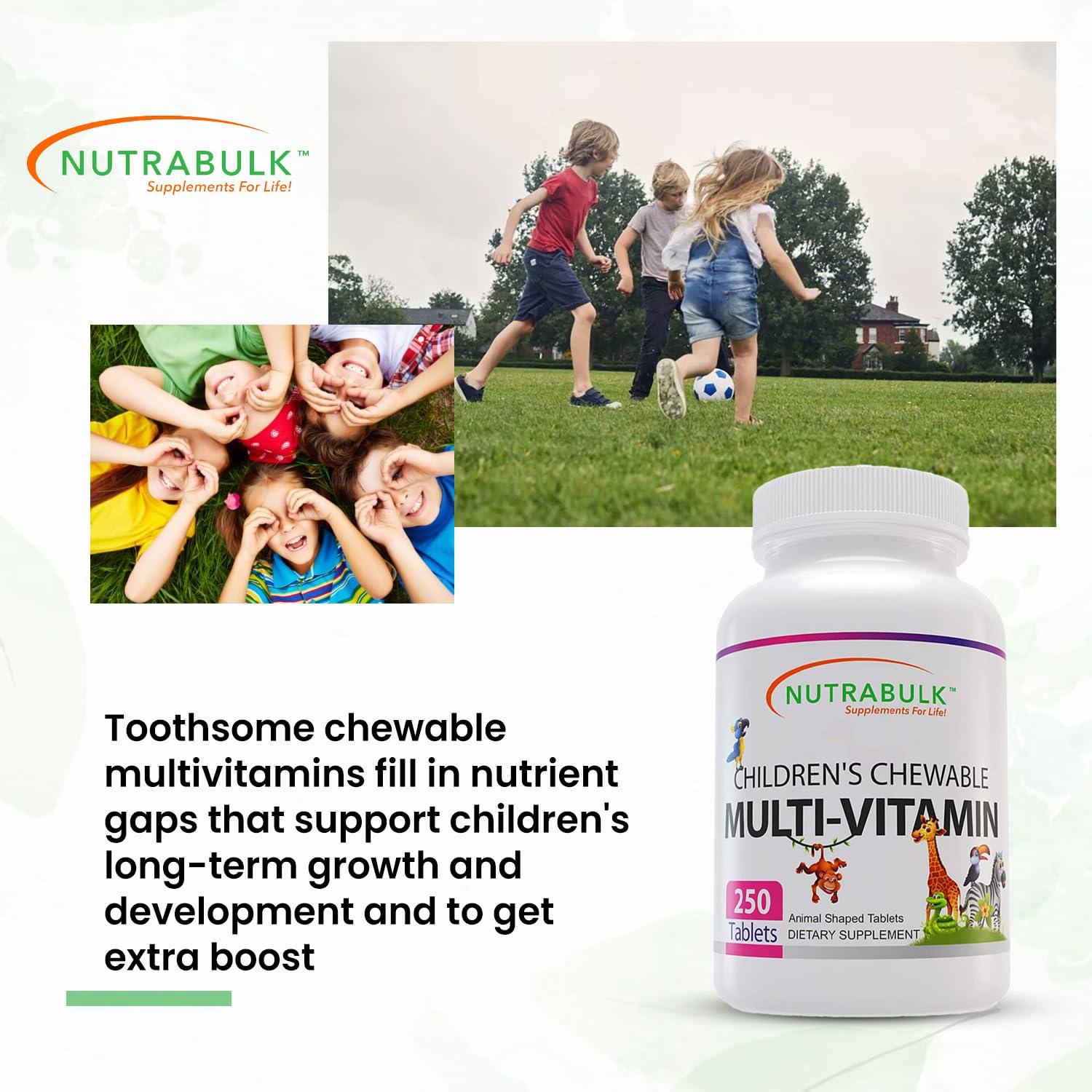 NutraBulk Kids chewable multivitamin lion bottle visuals suggest boosting energy-friendly growth