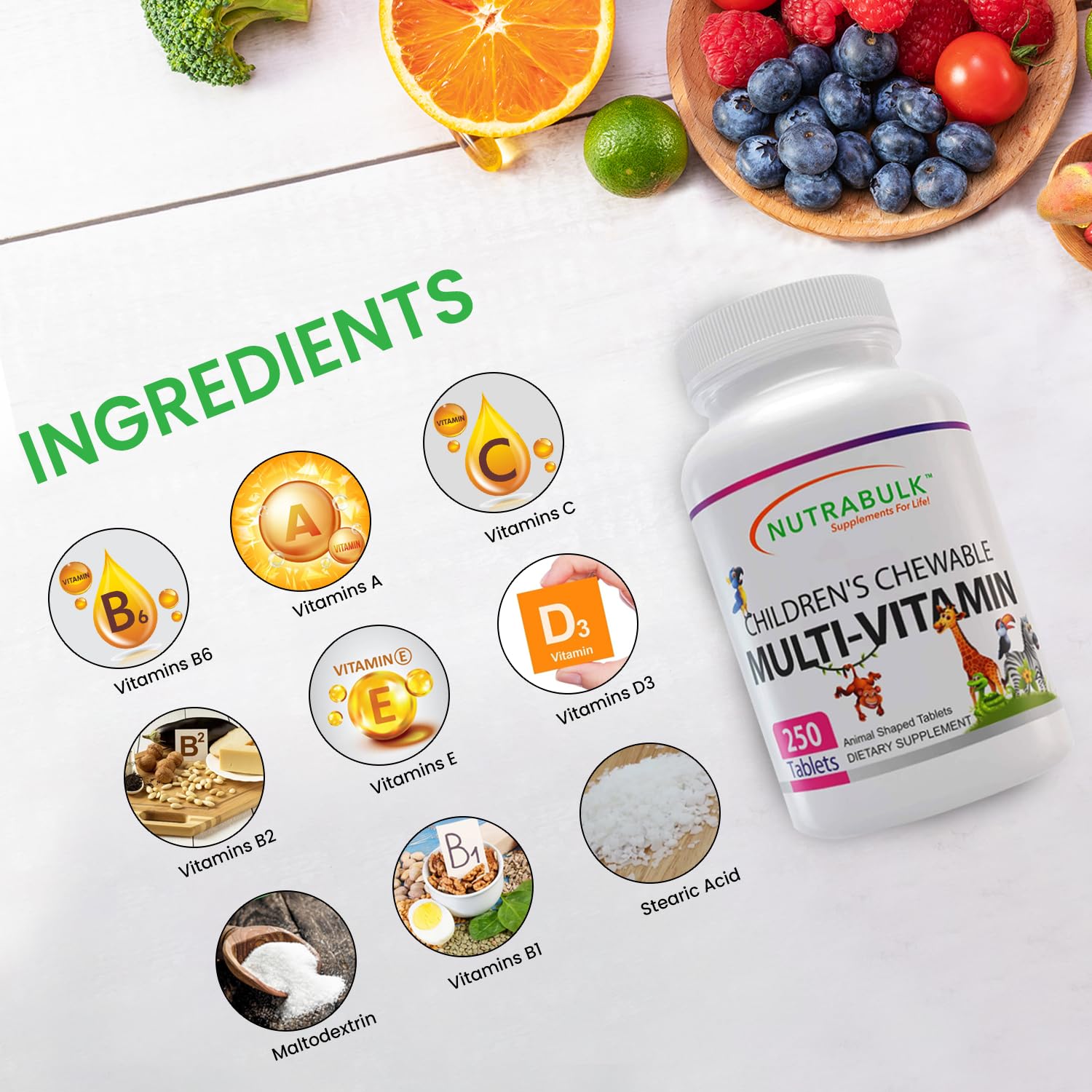 NutraBulk Kids chewable multivitamin tiger bottle image supports daily wellness routine