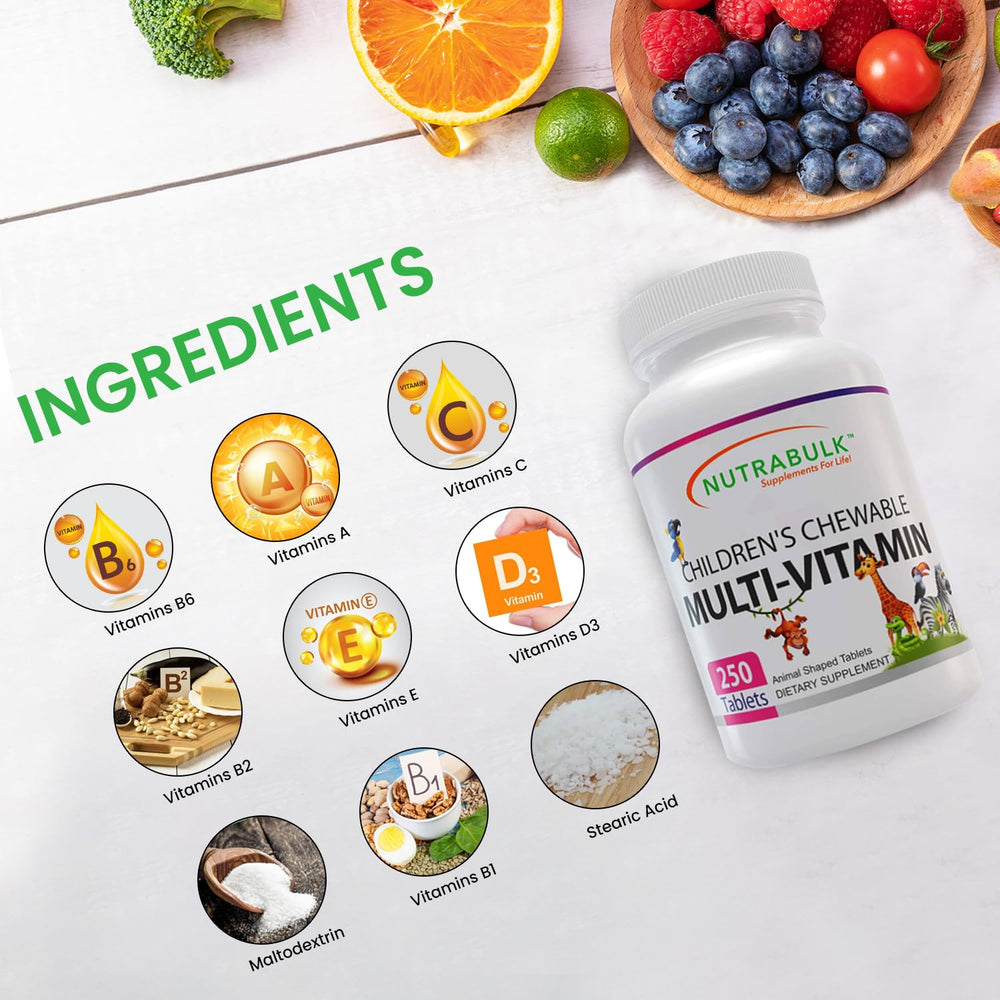 NutraBulk Kids chewable multivitamin tiger bottle image supports daily wellness routine