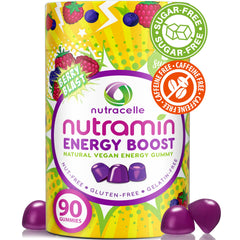 Nutramin Energy Gummy Berry Blast bottle offers a tasty caffeine-free energy lift.