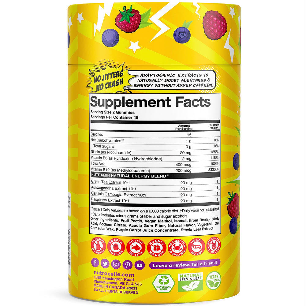 Nutramin Energy Gummy caffeine-free option for focused days without jitters.