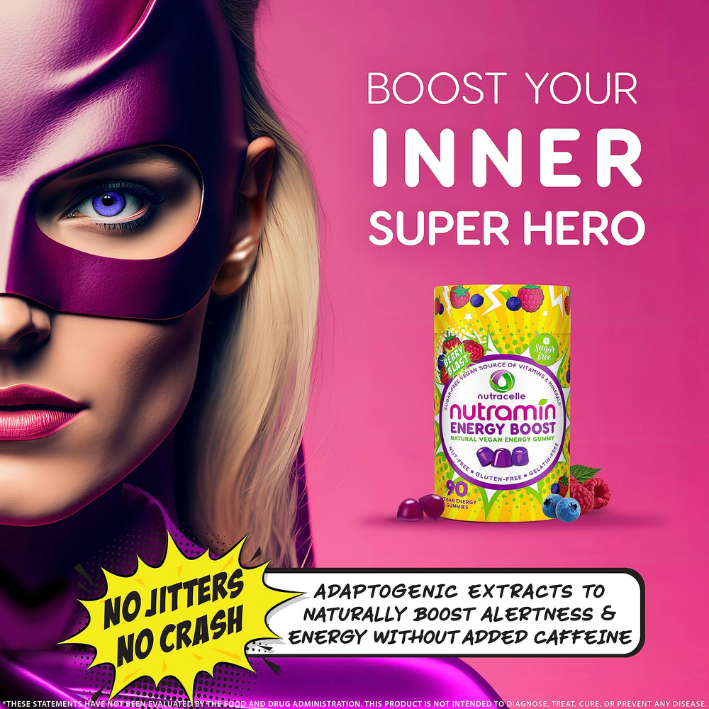 Nutramin Energy Gummy gluten-free packaging communicates safe, allergen-aware nutrition.