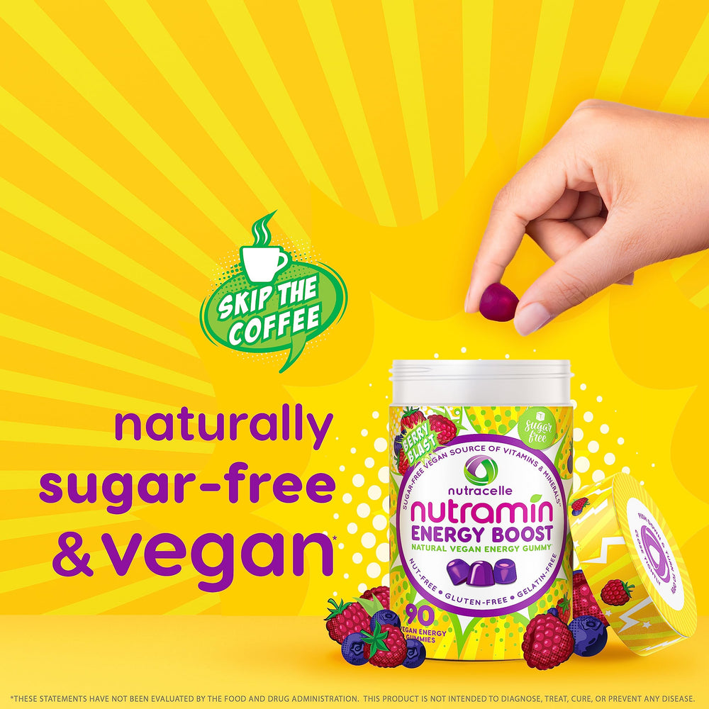 Nutramin Energy Gummy vegan, gluten-free formula supports plant-based wellness without common allergens.
