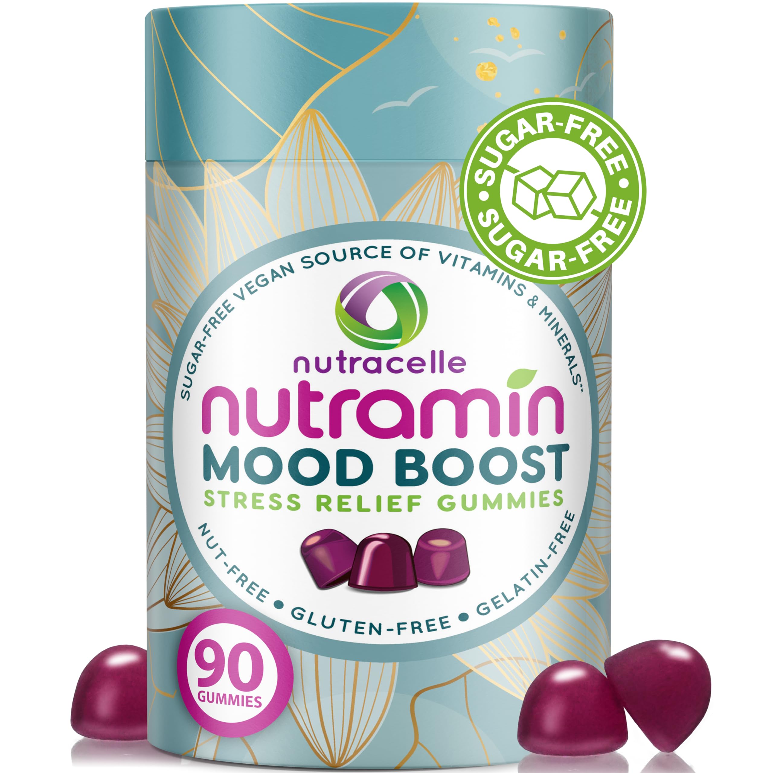 Nutracelle Nutramin Mood Boost bottle with strawberry gummies for calm focus