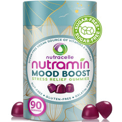 Nutracelle Nutramin Mood Boost bottle with strawberry gummies for calm focus
