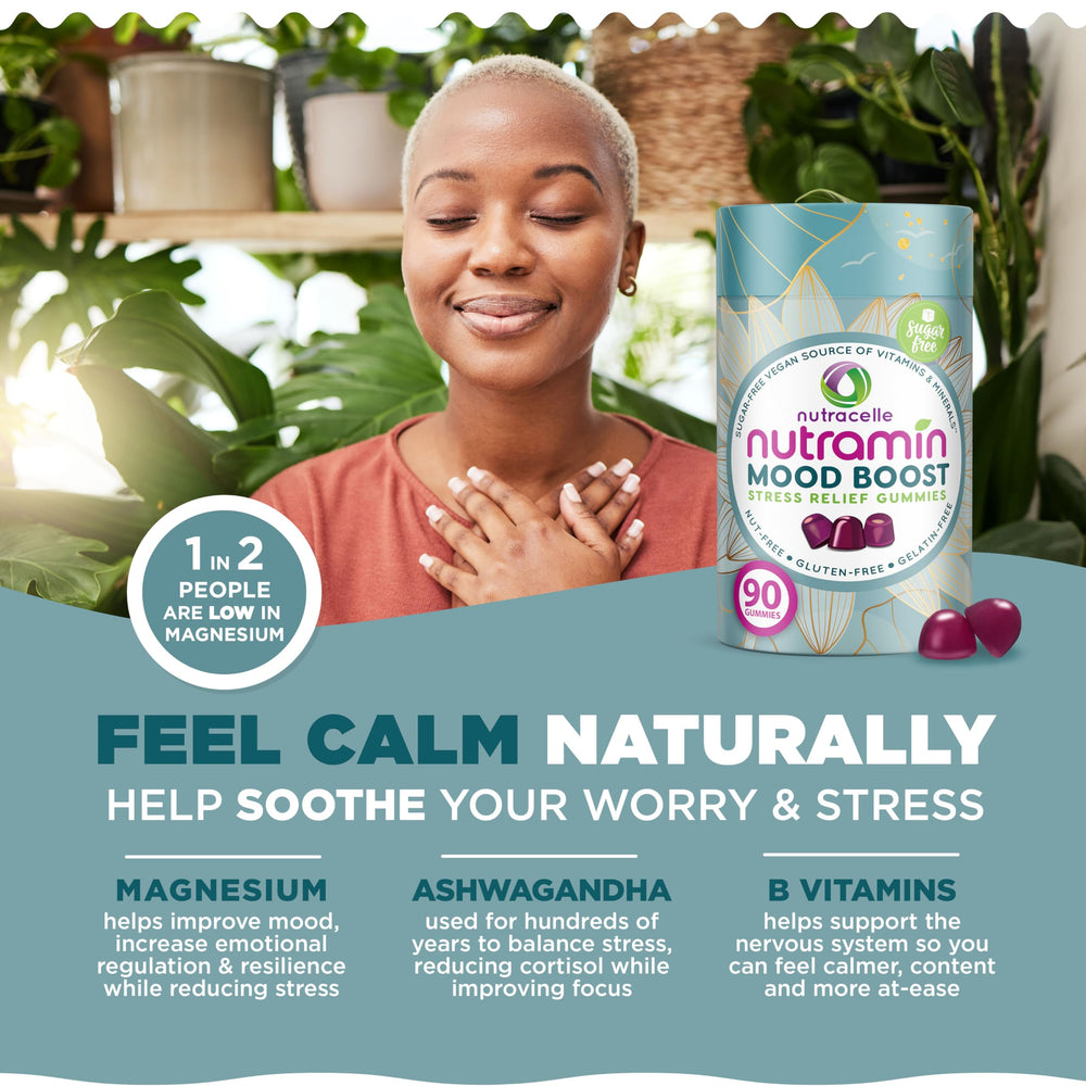 Nutracelle Nutramin Mood Boost gummies close up showing texture and color