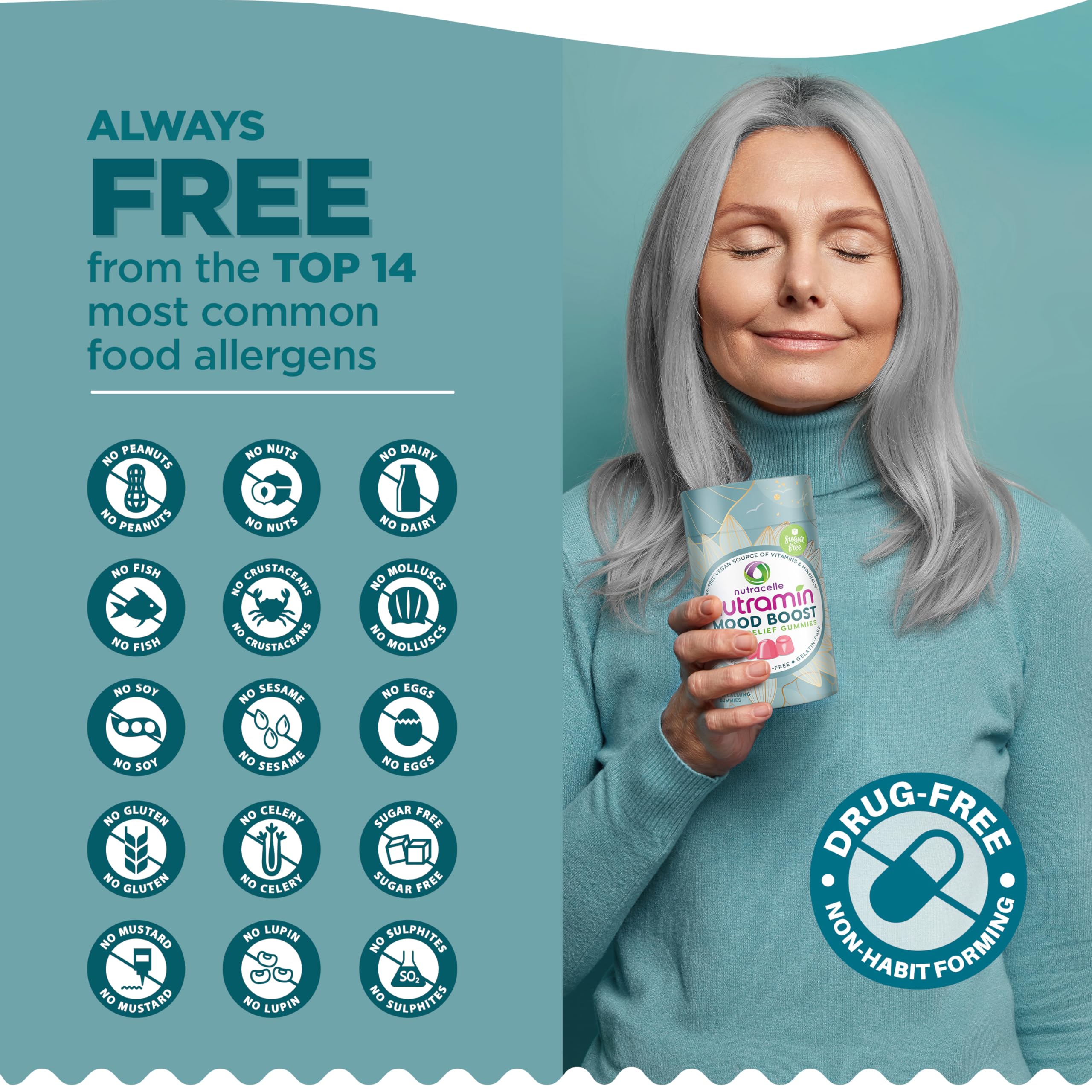 Ingredients label on Nutramin Mood Boost packaging highlights vegan and non GMO