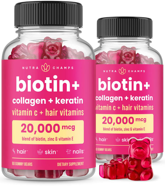 NutraChamps Biotin Gummies Berry Delight bottle shows a convenient beauty boost.