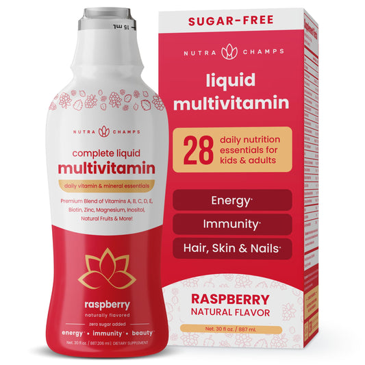 NutraChamps Complete Liquid Multivitamins bottle front view for everyday wellness benefits