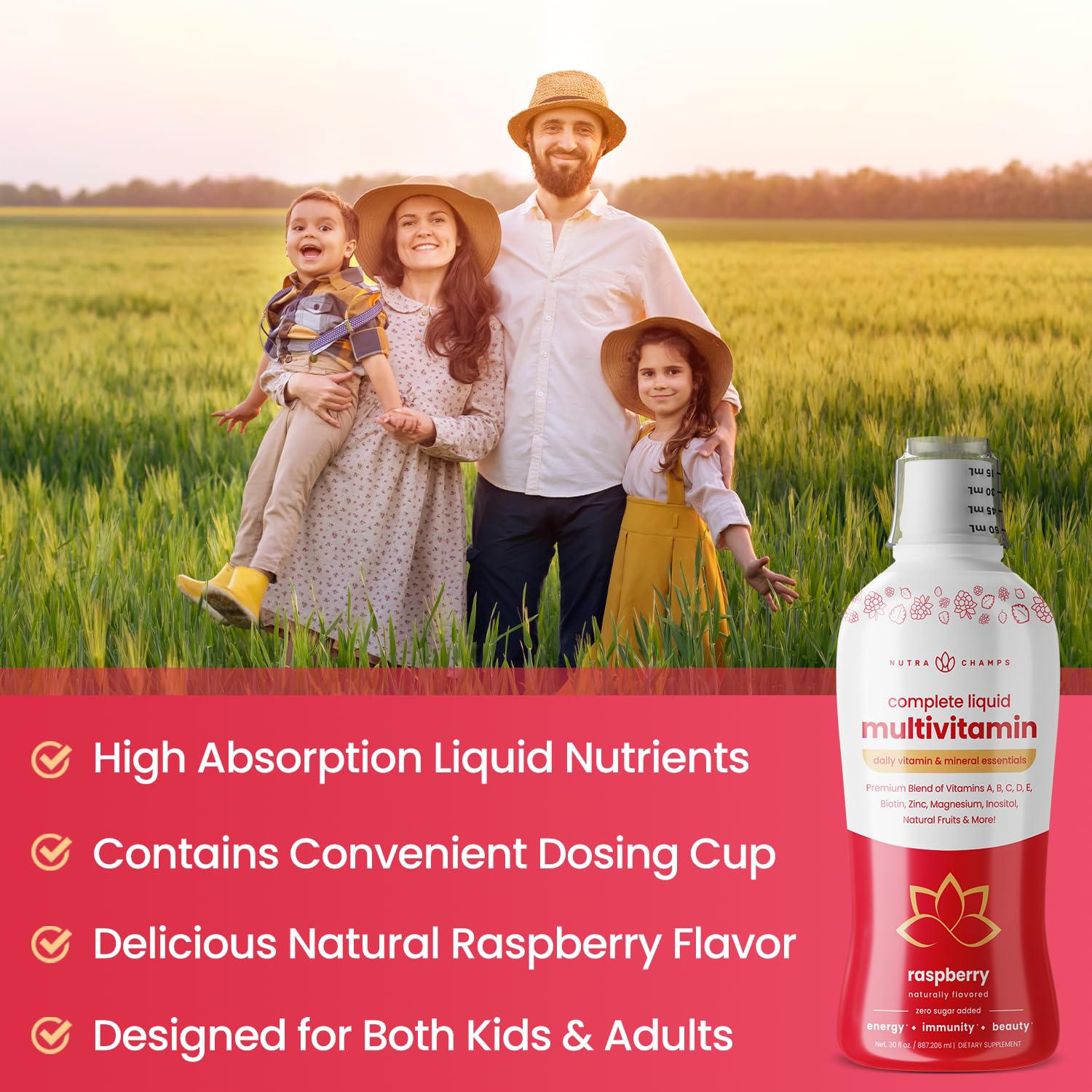 NutraChamps Complete Liquid Multivitamins measuring cup shows easy dosage for all ages