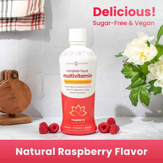 NutraChamps Complete Liquid Multivitamins raspberry flavor pour shot highlighting quick absorption