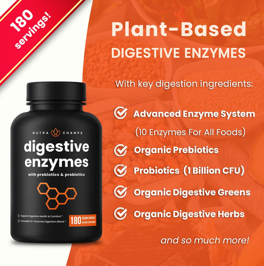 NutraChamps Digestive Enzymes bottle side view highlighting vegan capsules for daily use.