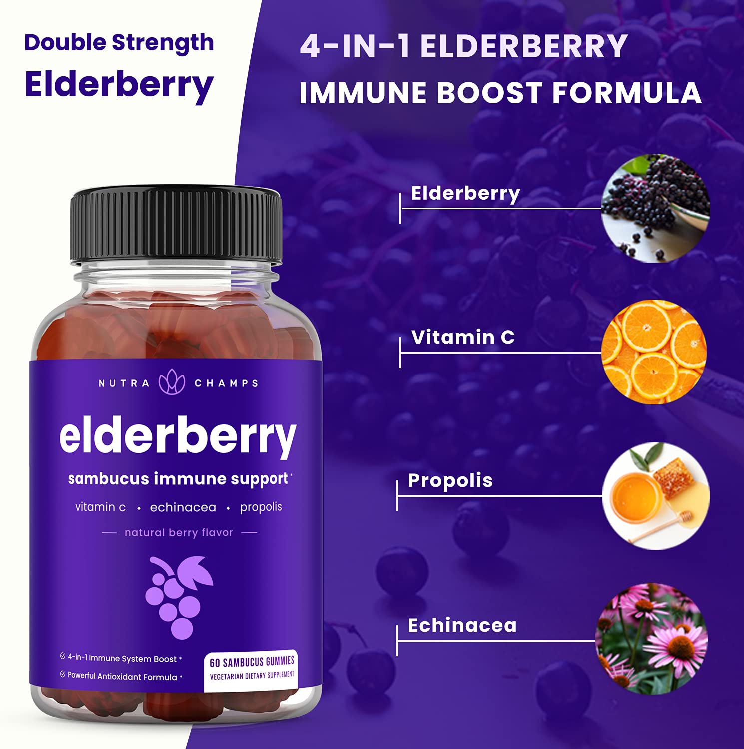 NutraChamps Elderberry Gummies ingredients label with vitamin C and echinacea.
