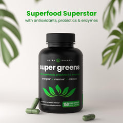 NutraChamps Organic Super Greens Capsules label close-up showing vegan, allergen-free formula.