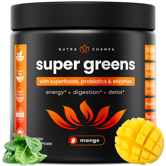 NutraChamps Super Greens bottle pouring for quick daily greens boost.