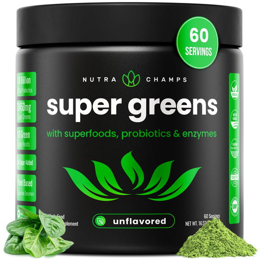 NutraChamps Super Greens bottle on a counter for easy daily greens.
