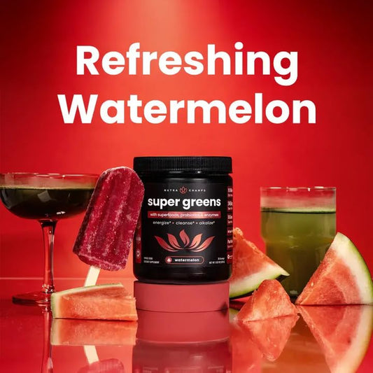 NutraChamps Super Greens scoop and bottle highlighting easy on-the-go serving