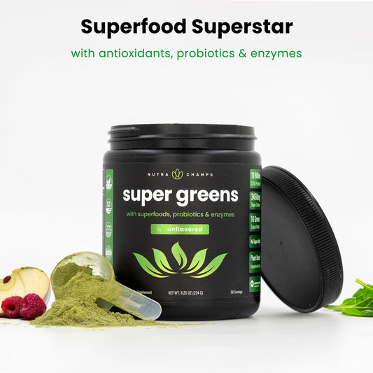 NutraChamps Super Greens scoop demonstrates easy on-the-go powder mixing.