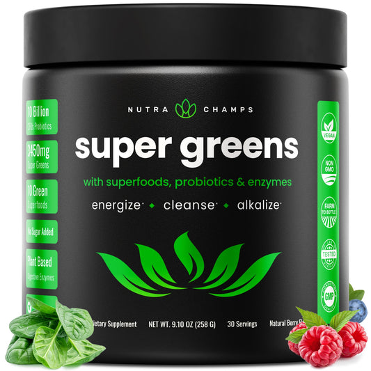 NutraChamps Super Greens tub front, premium greens powder for daily energy