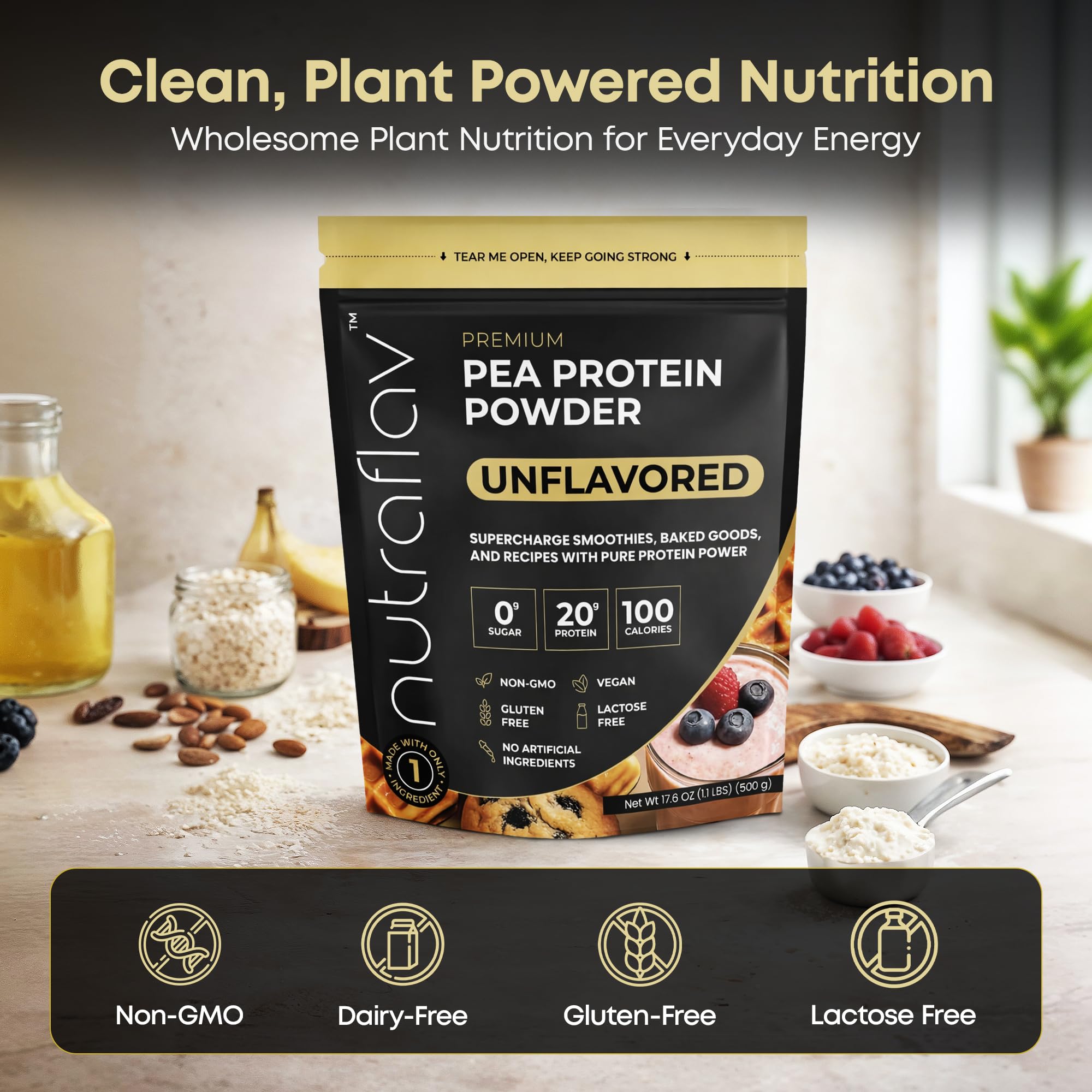 Nutraflav organic pea protein label close-up highlighting single-ingredient formula