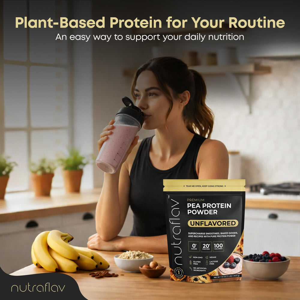 Nutraflav protein shake in glass showing smooth mix and versatility