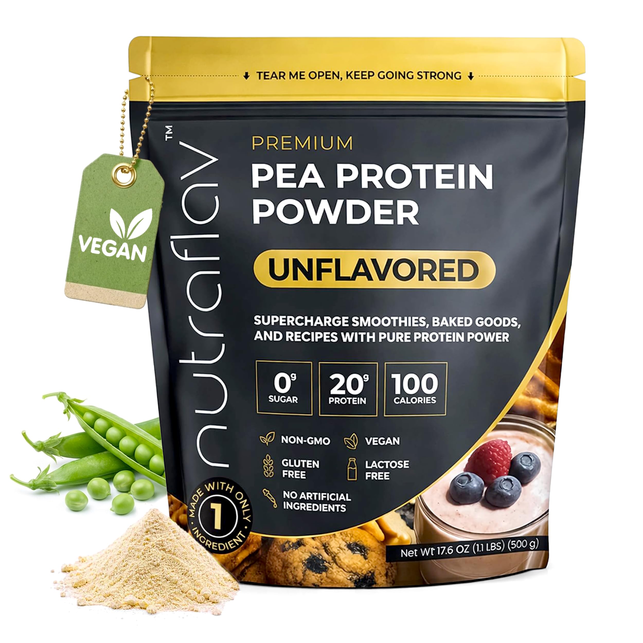 Nutraflav unflavored pea protein powder scoop for 20g protein per serving in shakes