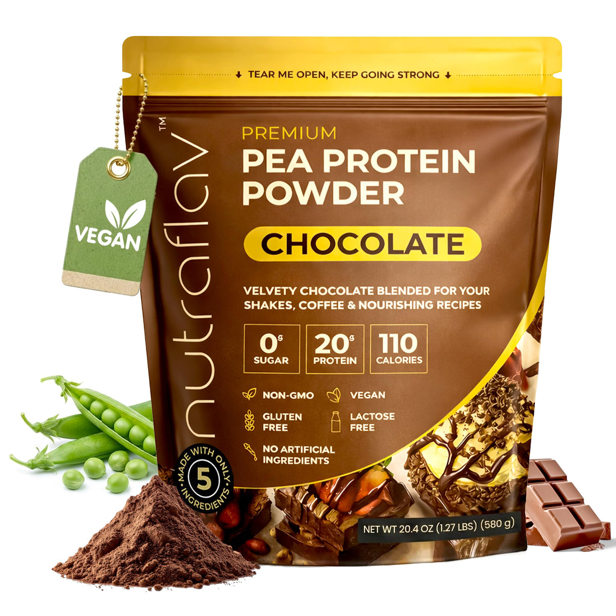 Nutraflav vegan chocolate protein powder tub for easy post-workout shakes.