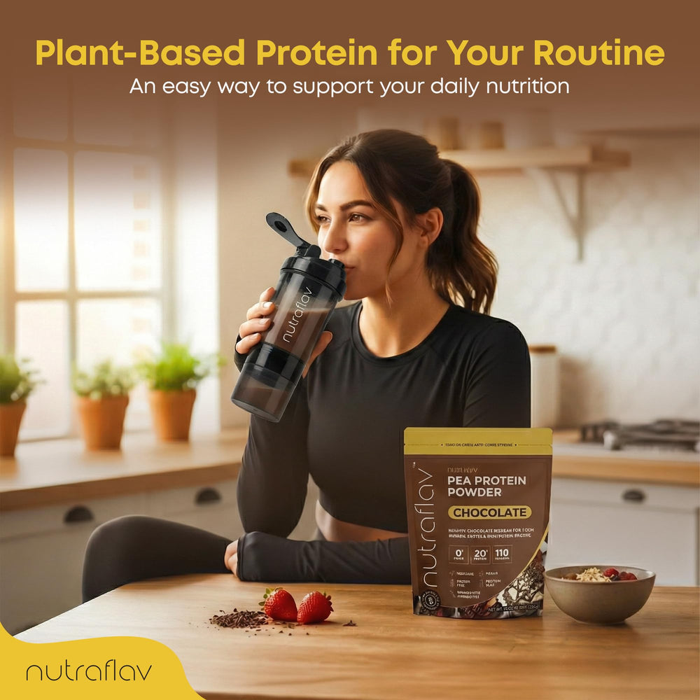Nutraflav vegan pea protein scoop for quick plant-based nutrition.
