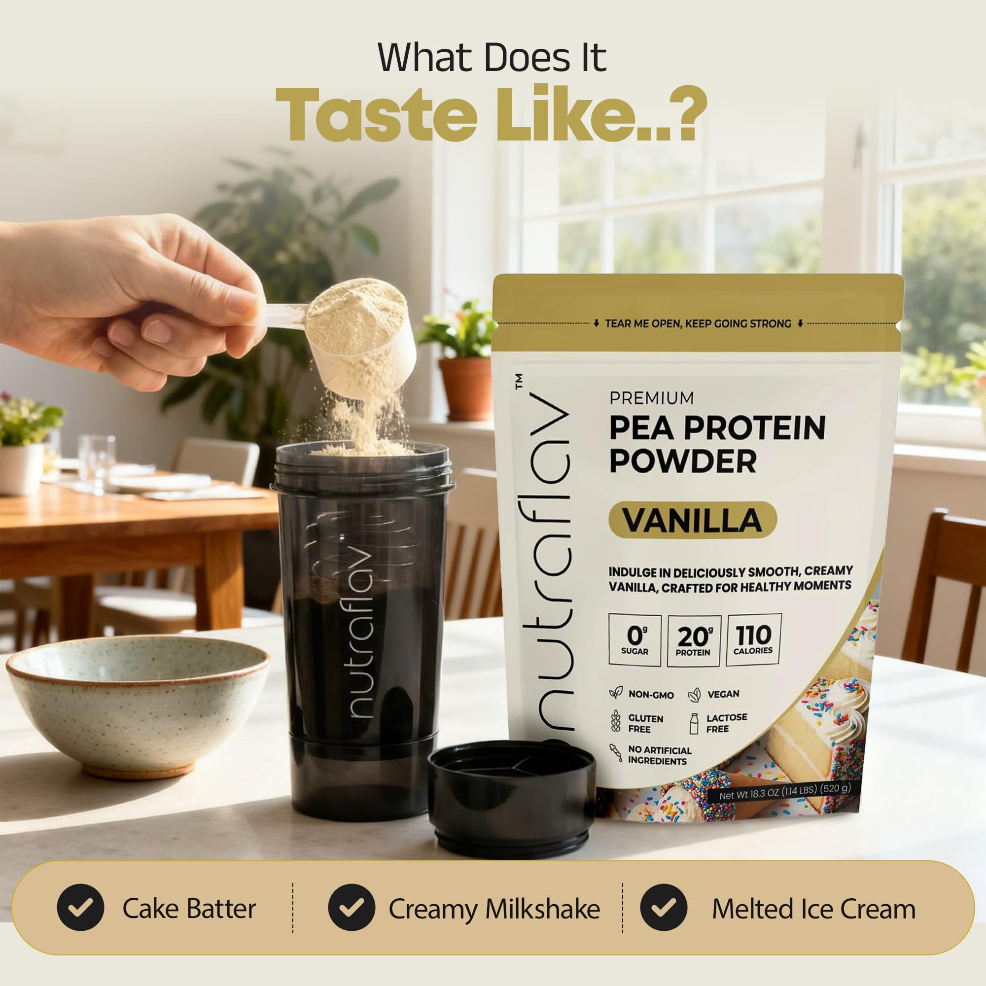 Nutraflav vegan vanilla protein for daily protein goals.