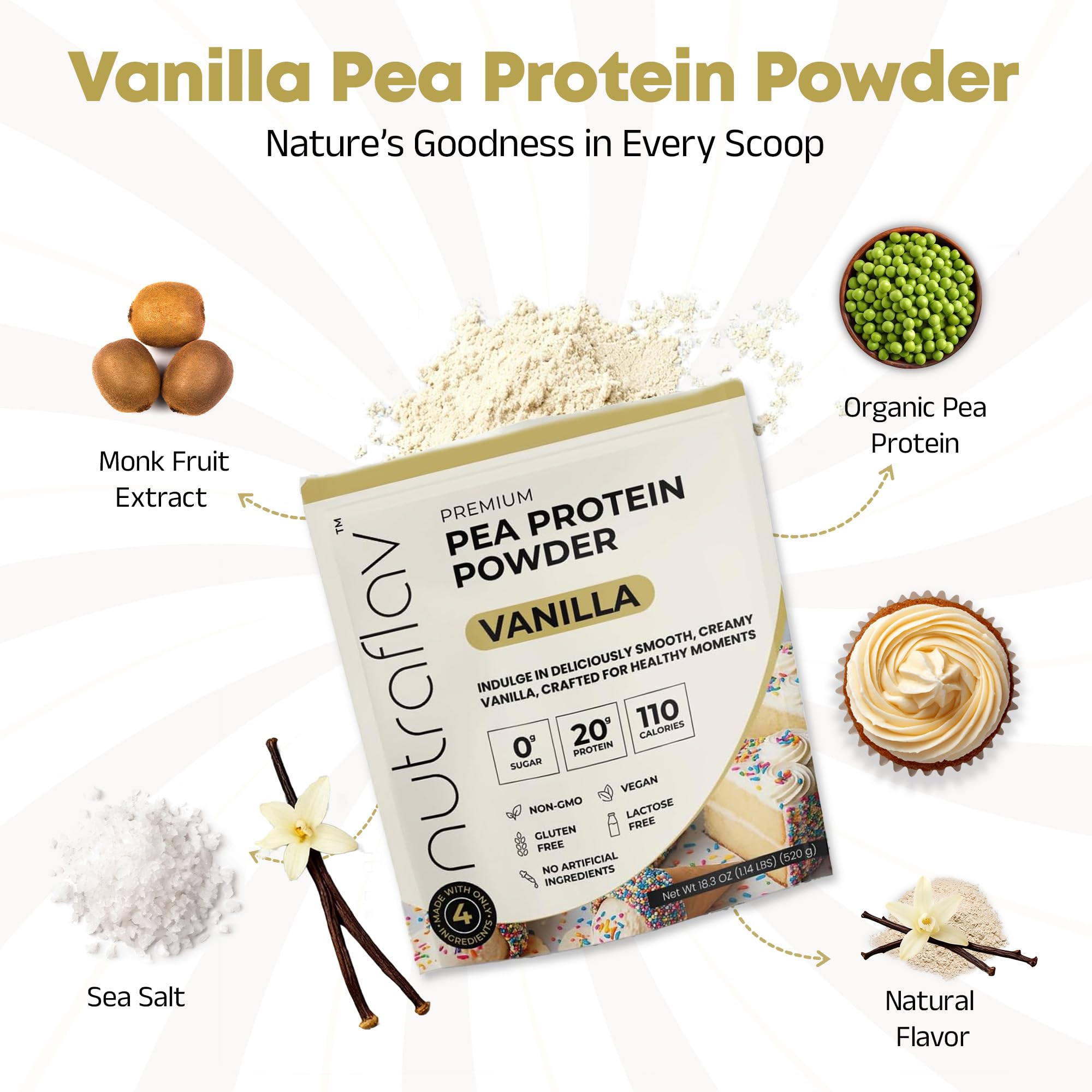 Nutraflav vegan vanilla protein ingredients closeup highlights four clean ingredients.