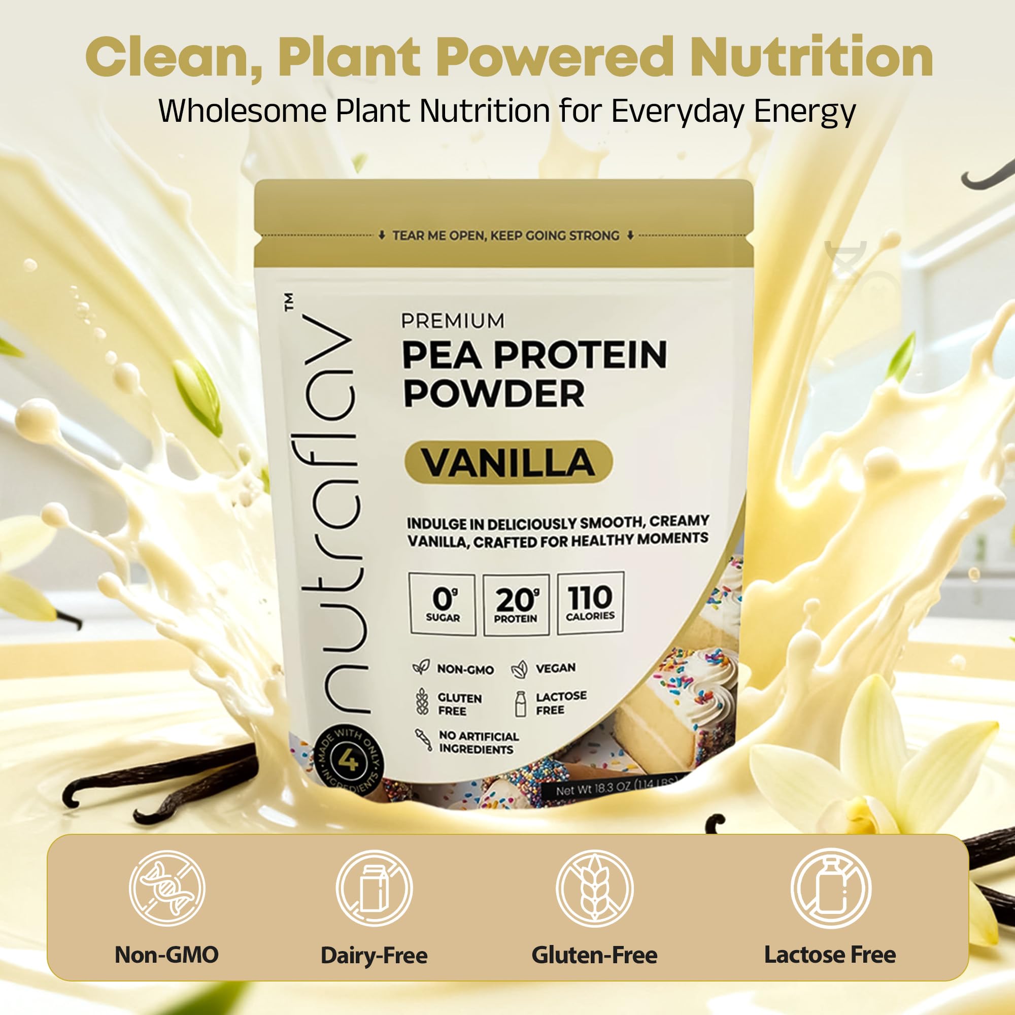 Nutraflav vegan vanilla protein powder scoop showing 20g protein per serving.