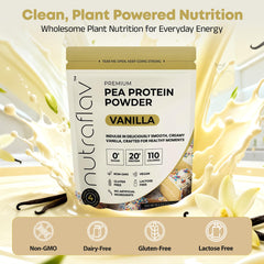 Nutraflav vegan vanilla protein powder scoop showing 20g protein per serving.