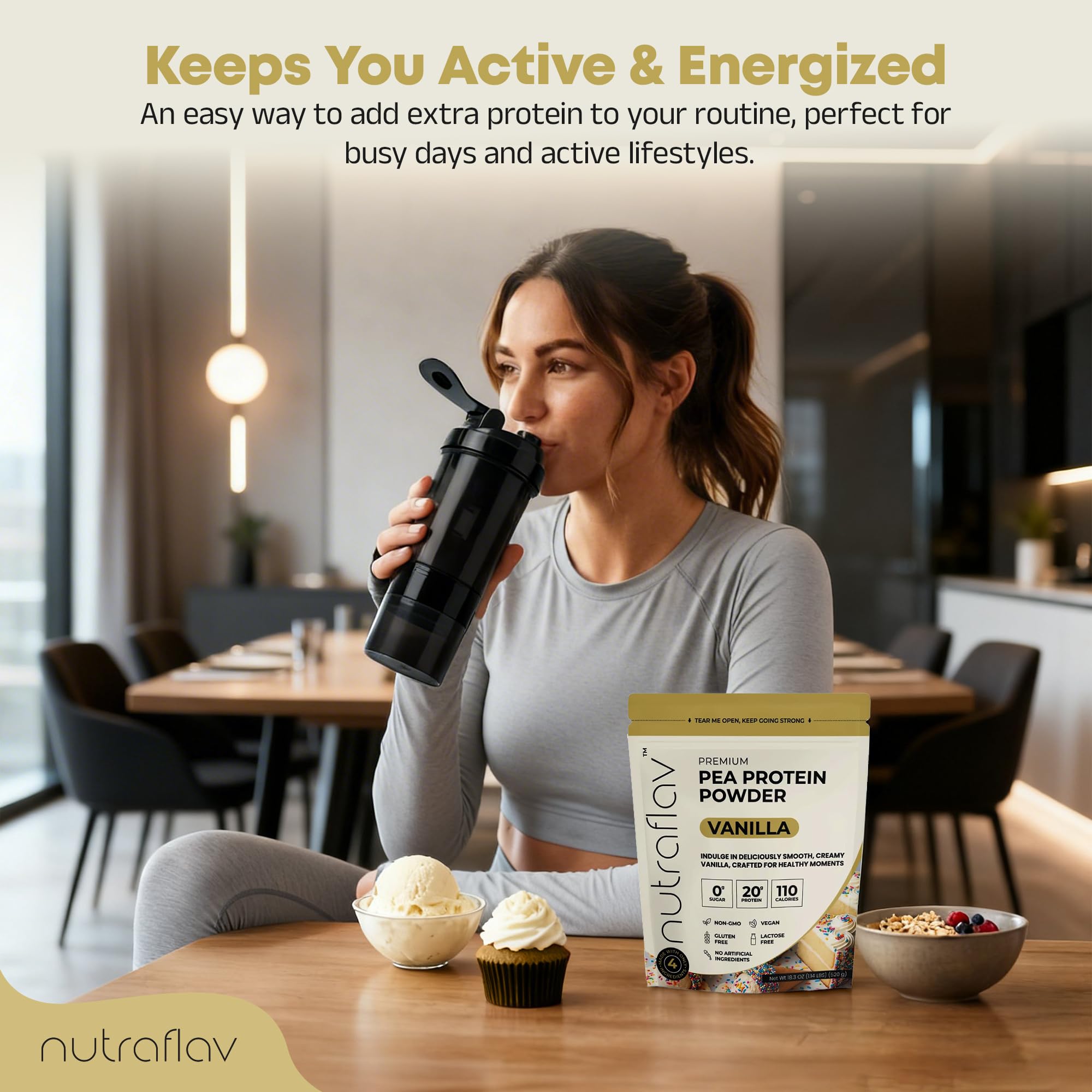 Nutraflav vegan vanilla protein shake glass ready for a creamy smoothie.