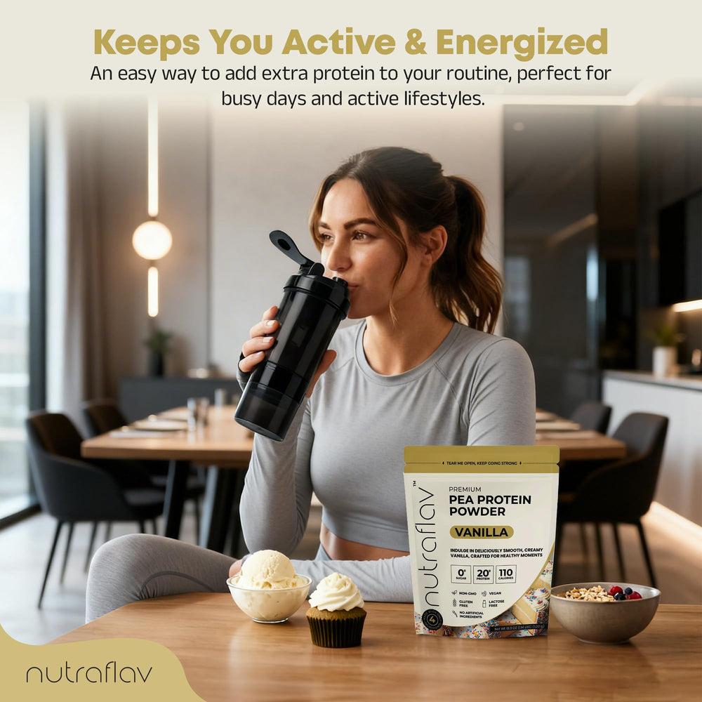 Nutraflav vegan vanilla protein shake glass ready for a creamy smoothie.