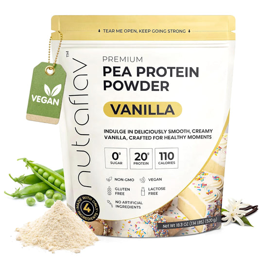 Nutraflav vegan vanilla protein powder tub front, ideal for shakes and post-workout smoothies.