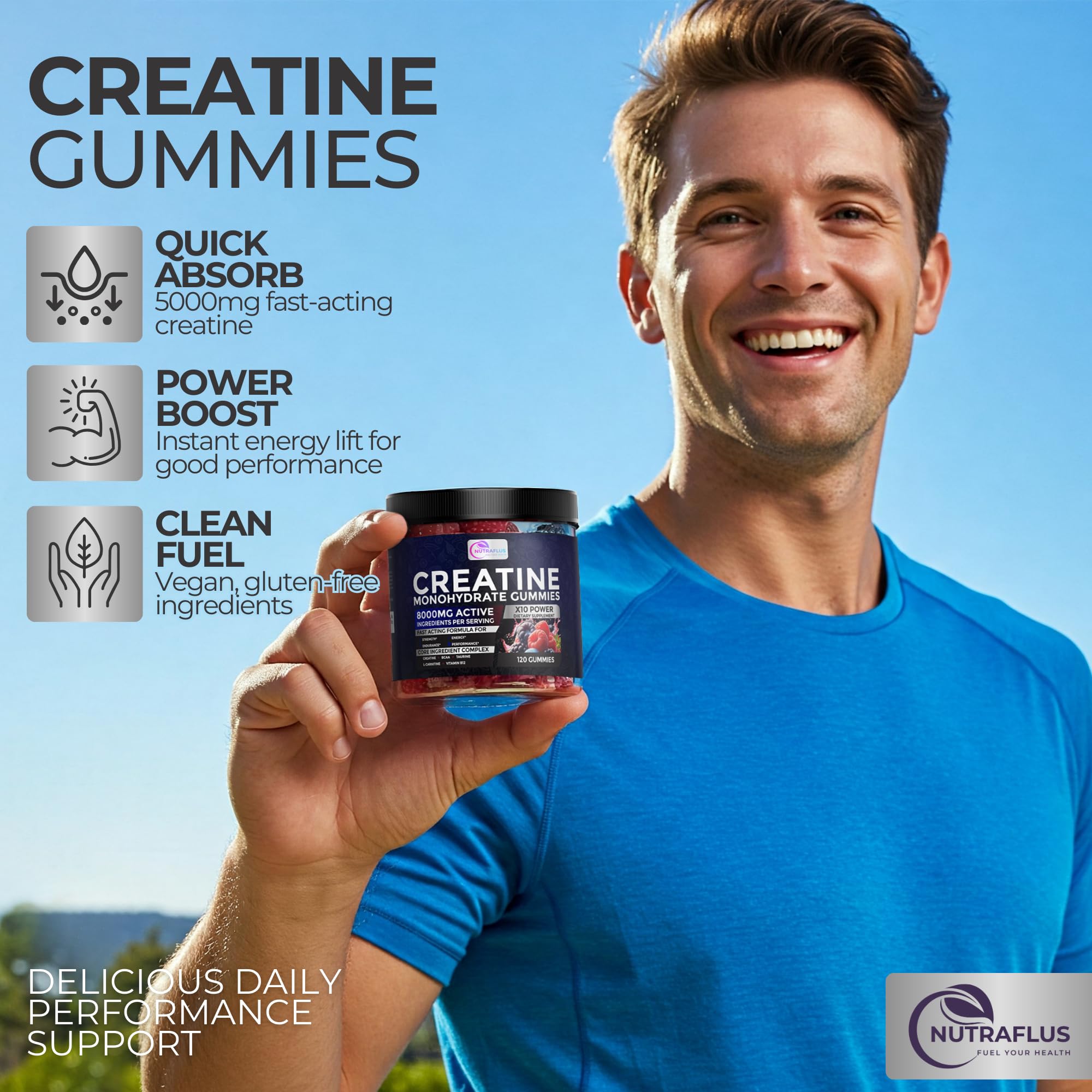 NUTRAFLUS Creatine Gummies jar label highlights vegan, clean ingredients for daily use