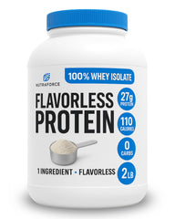 NutraForce flavorless whey isolate tub shown as versatile base for shakes and recipes.