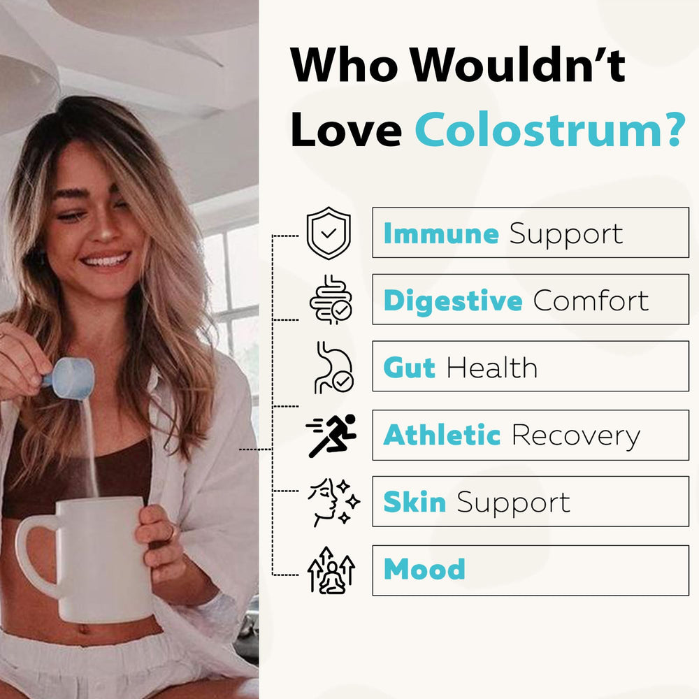 Nutragenis Colostrum powder scoop beside bottle highlighting immune support.