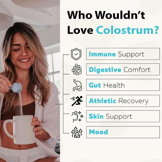 Nutragenis Colostrum powder scoop beside bottle highlighting immune support.