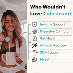 Nutragenis Colostrum powder scoop beside bottle highlighting immune support.