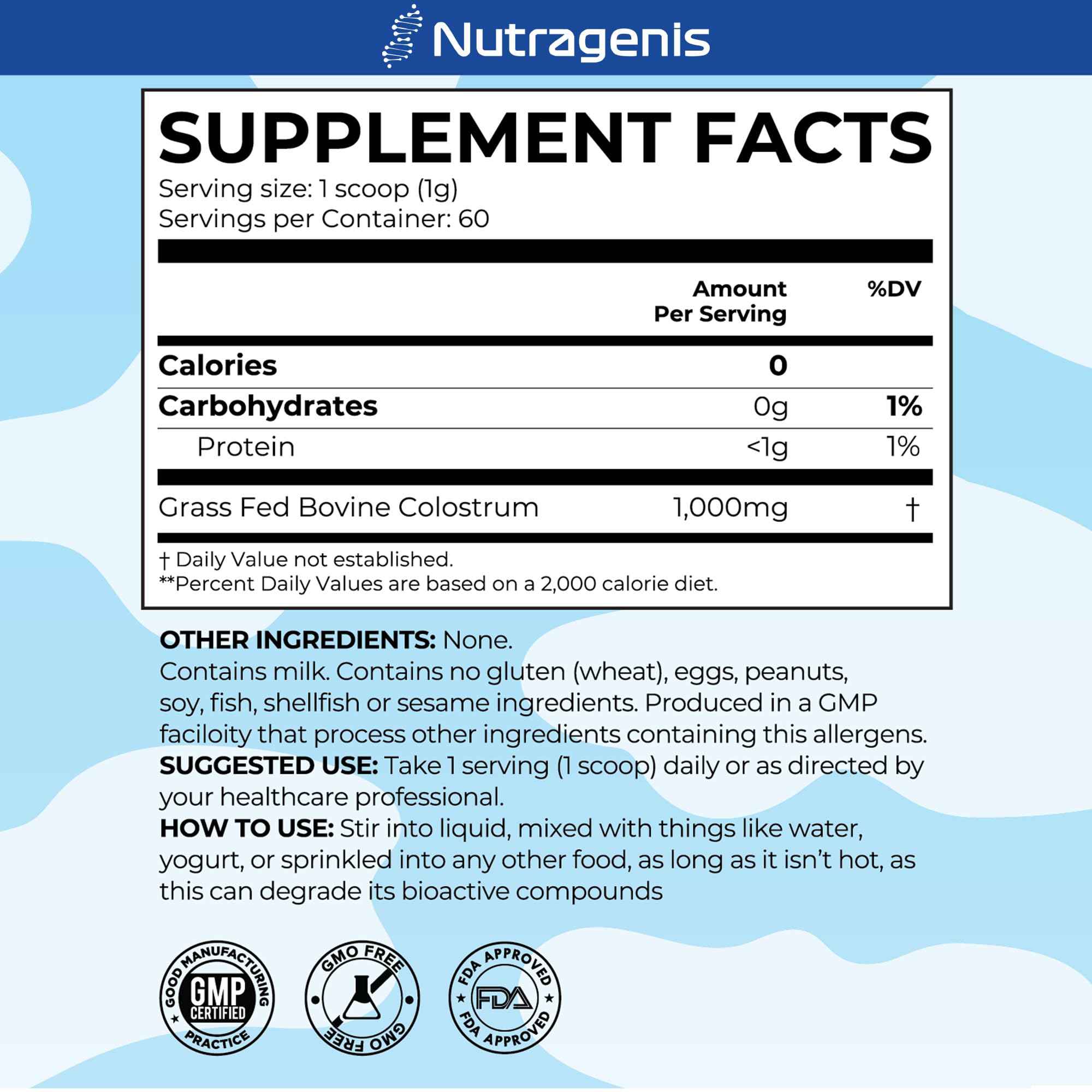 Nutragenis Colostrum powder in a shake, versatile daily mix.