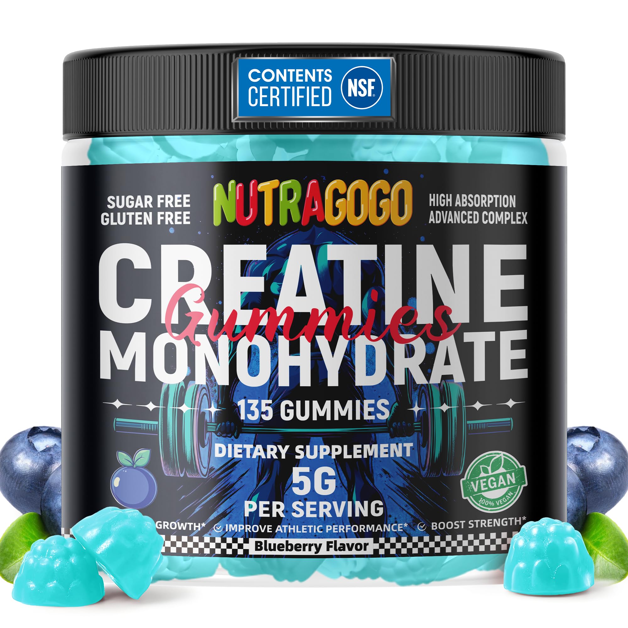 NUTRAGOGO Creatine Gummy bottle front view highlighting easy daily supplementation.